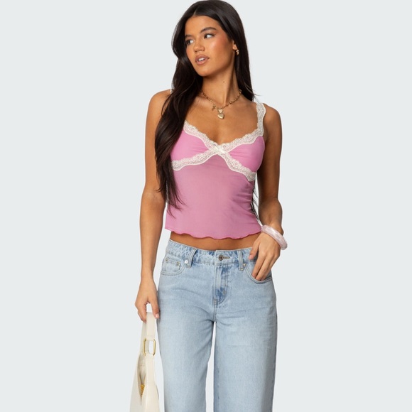 Edikted Tops - Pink Lace Trim Camisole Top